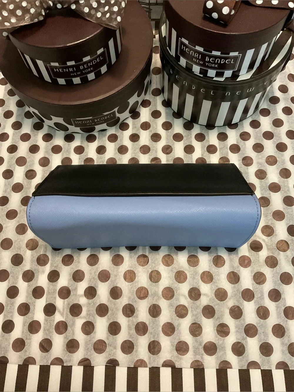 Henri Bendel West 57th Trifold Wallet Light Blue, Black and Olive w Dust Bag